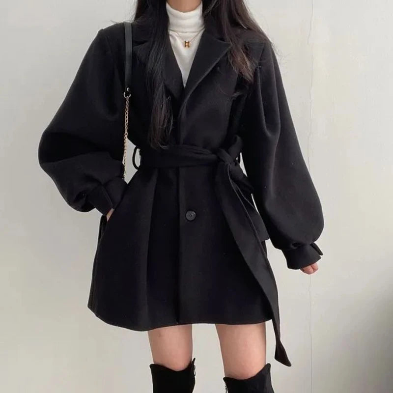 Autumn Winter Women Lace-up Trench Coat With Pockets Woolen Turn-down Collar Buttons Women Long Sleeve Coat Overcoat