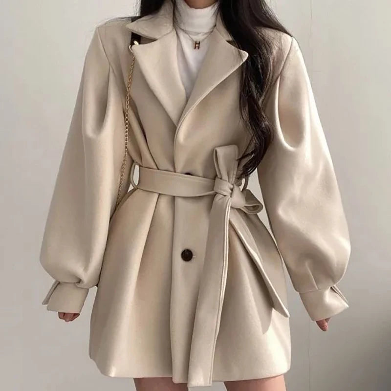 Autumn Winter Women Lace-up Trench Coat With Pockets Woolen Turn-down Collar Buttons Women Long Sleeve Coat Overcoat AMAIO