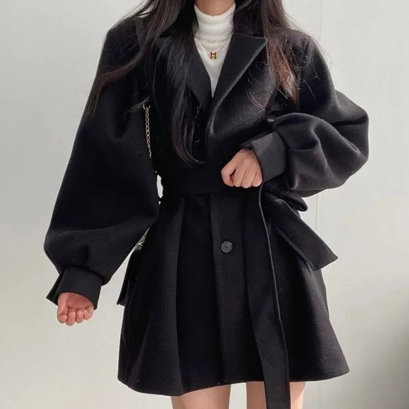 Autumn Winter Women Lace-up Trench Coat With Pockets Woolen Turn-down Collar Buttons Women Long Sleeve Coat Overcoat