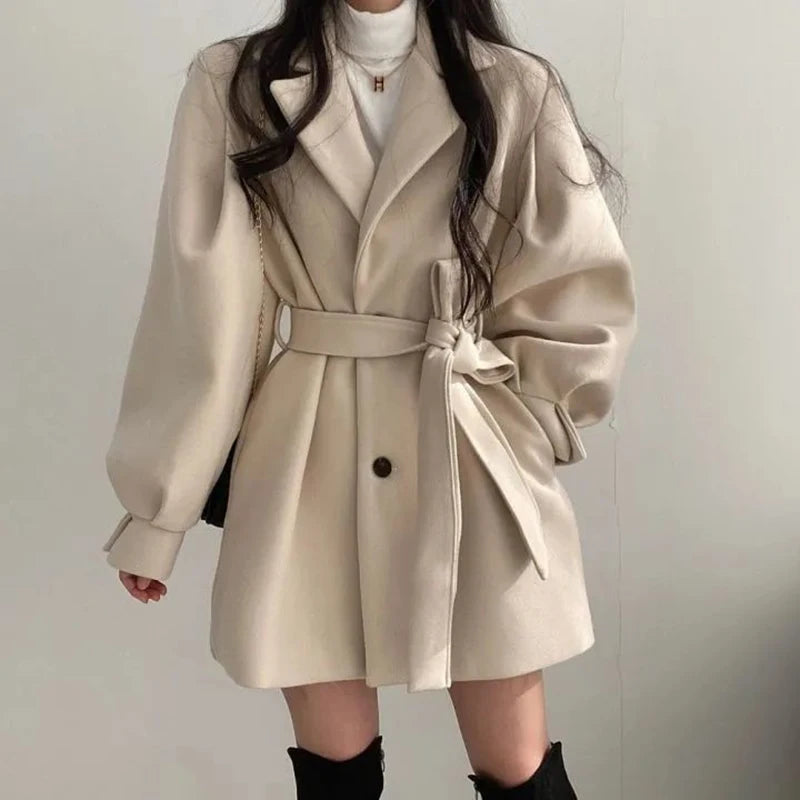 Autumn Winter Women Lace-up Trench Coat With Pockets Woolen Turn-down Collar Buttons Women Long Sleeve Coat Overcoat