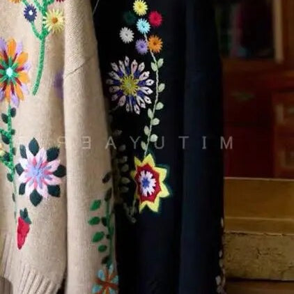 Autumn Winter Women Loose Fit Casual Turtleneck Long Sleeve Pullover Floral Embroidery Knitted Sweater black