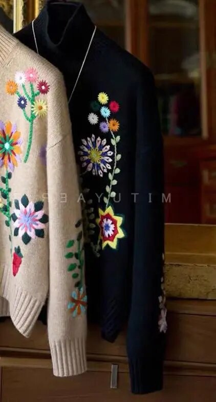 Autumn Winter Women Loose Fit Casual Turtleneck Long Sleeve Pullover Floral Embroidery Knitted Sweater black