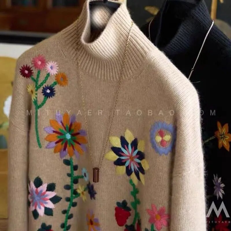 Autumn Winter Women Loose Fit Casual Turtleneck Long Sleeve Pullover Floral Embroidery Knitted Sweater