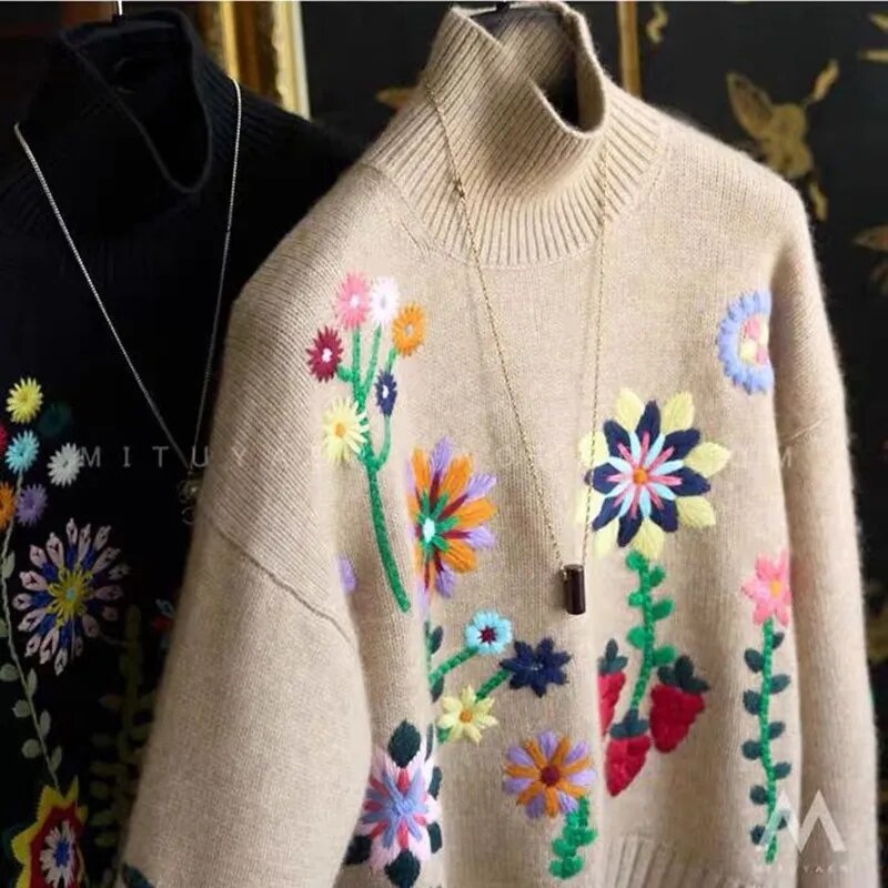 Autumn Winter Women Loose Fit Casual Turtleneck Long Sleeve Pullover Floral Embroidery Knitted Sweater