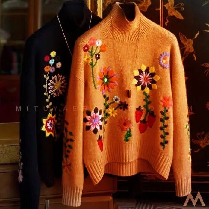 Autumn Winter Women Loose Fit Casual Turtleneck Long Sleeve Pullover Floral Embroidery Knitted Sweater brown