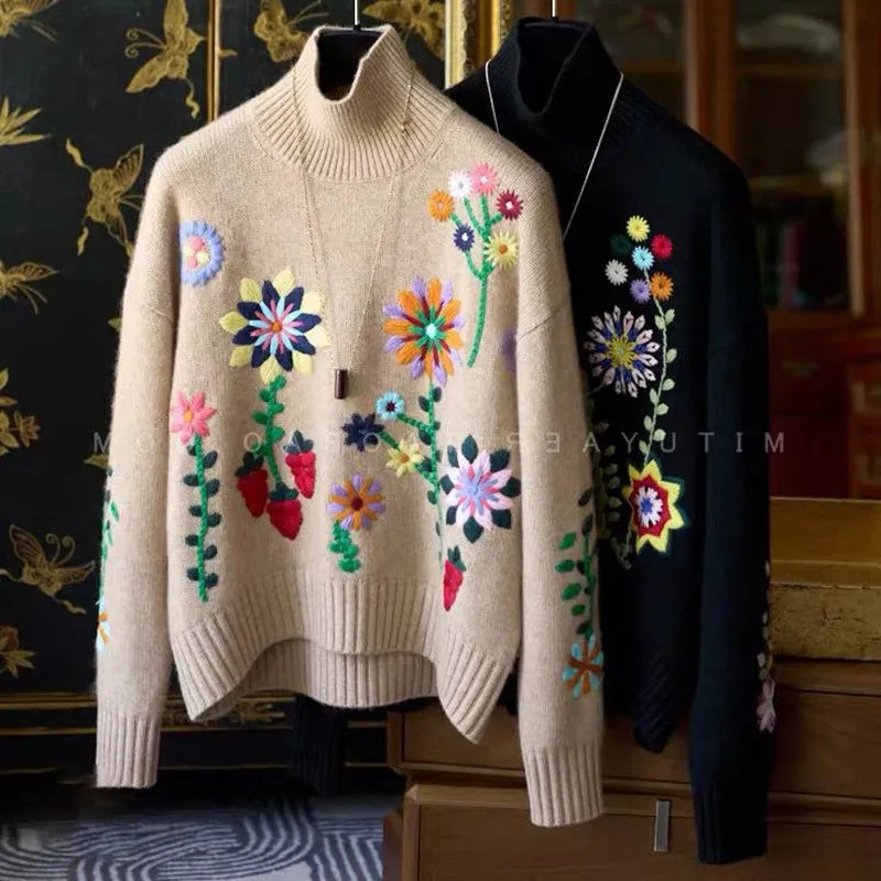 Autumn Winter Women Loose Fit Casual Turtleneck Long Sleeve Pullover Floral Embroidery Knitted Sweater AMAIO