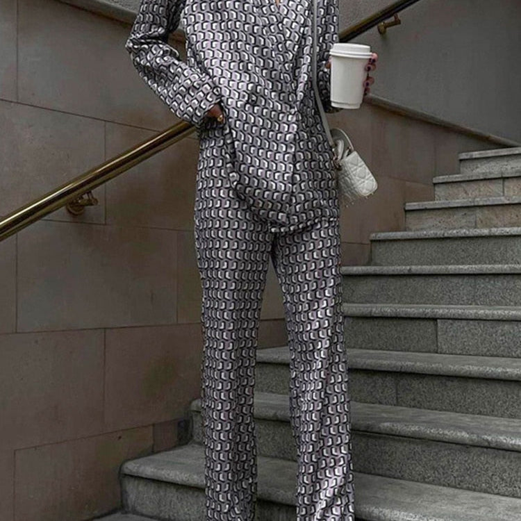 Autumn Winter Women Office Satin Suit Sets Printed V-neck Long Sleeve 2 Piece Pant Matching Set