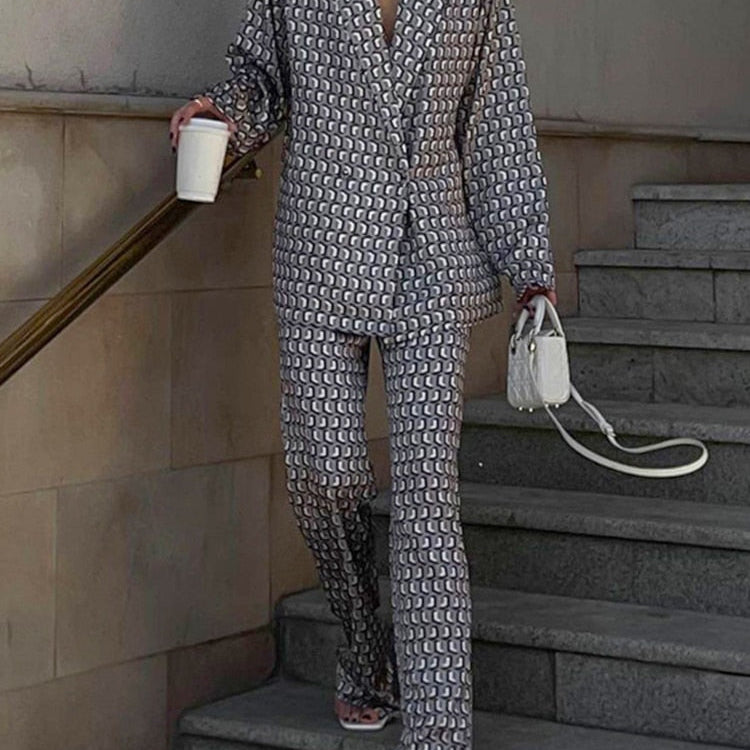 Autumn Winter Women Office Satin Suit Sets Printed V-neck Long Sleeve 2 Piece Pant Matching Set