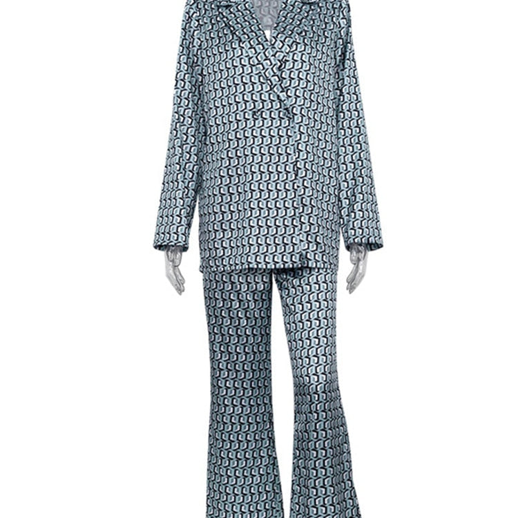 Autumn Winter Women Office Satin Suit Sets Printed V-neck Long Sleeve 2 Piece Pant Matching Set Blue