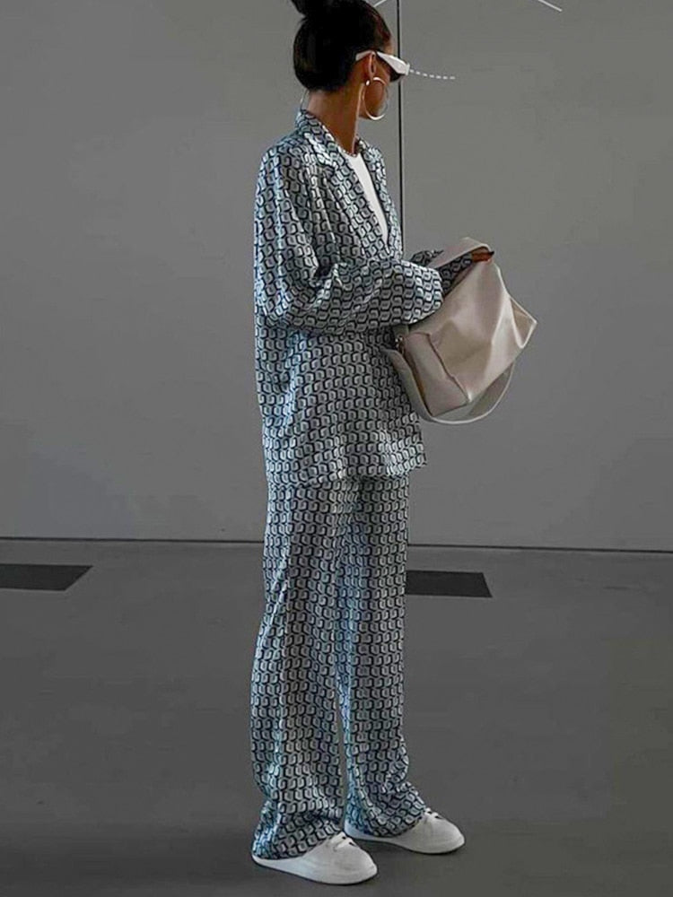 Autumn Winter Women Office Satin Suit Sets Printed V-neck Long Sleeve 2 Piece Pant Matching Set