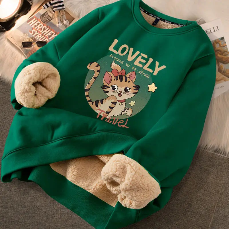Autumn Winter Women Sweatshirts Thicken Fleece Warm Hoodies For Women Cute Printed Casual Loose Thermal Sweatshirts GREEN