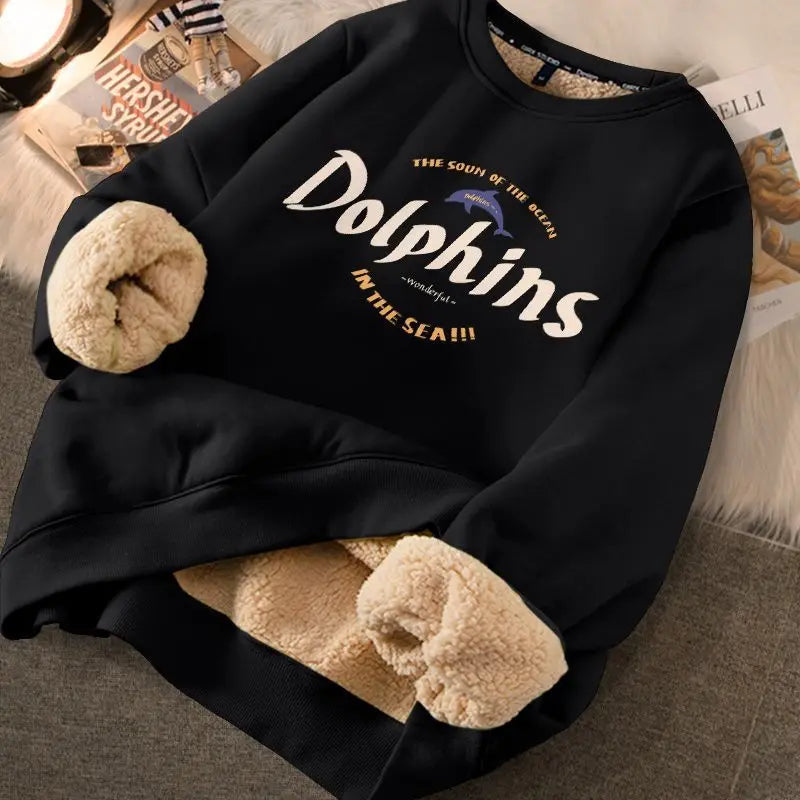 Autumn Winter Women Sweatshirts Thicken Fleece Warm Hoodies For Women Cute Printed Casual Loose Thermal Sweatshirts Letter Black