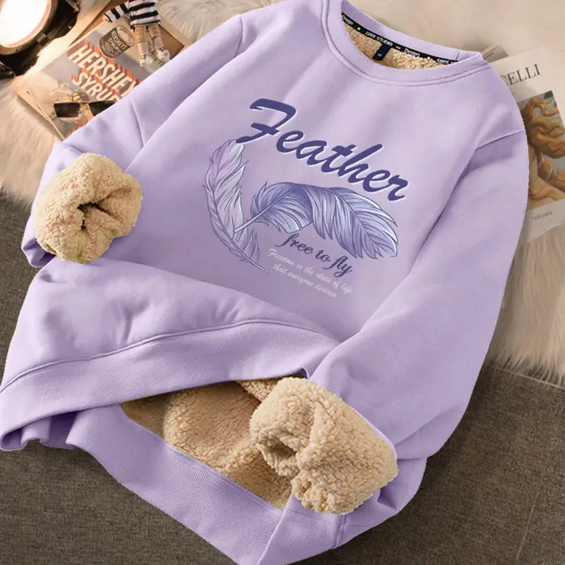 Autumn Winter Women Sweatshirts Thicken Fleece Warm Hoodies For Women Cute Printed Casual Loose Thermal Sweatshirts Feather Purple
