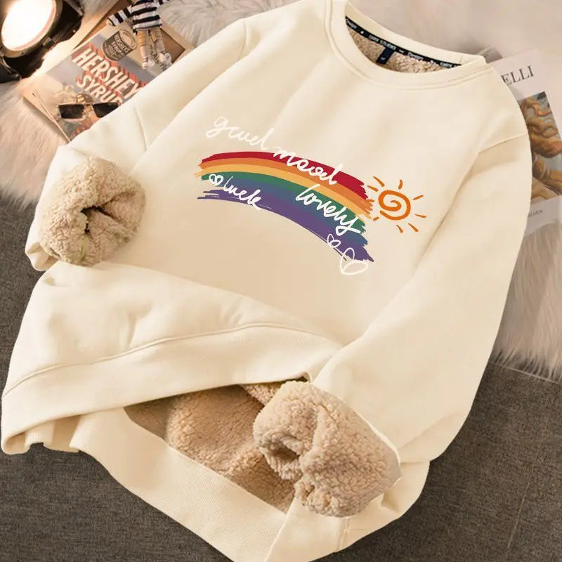 Autumn Winter Women Sweatshirts Thicken Fleece Warm Hoodies For Women Cute Printed Casual Loose Thermal Sweatshirts Rainbow Apricot