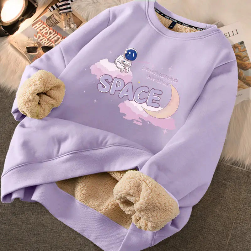 Autumn Winter Women Sweatshirts Thicken Fleece Warm Hoodies For Women Cute Printed Casual Loose Thermal Sweatshirts Space Purple