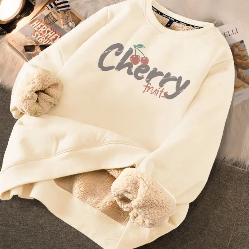Autumn Winter Women Sweatshirts Thicken Fleece Warm Hoodies For Women Cute Printed Casual Loose Thermal Sweatshirts Fruit Apricot