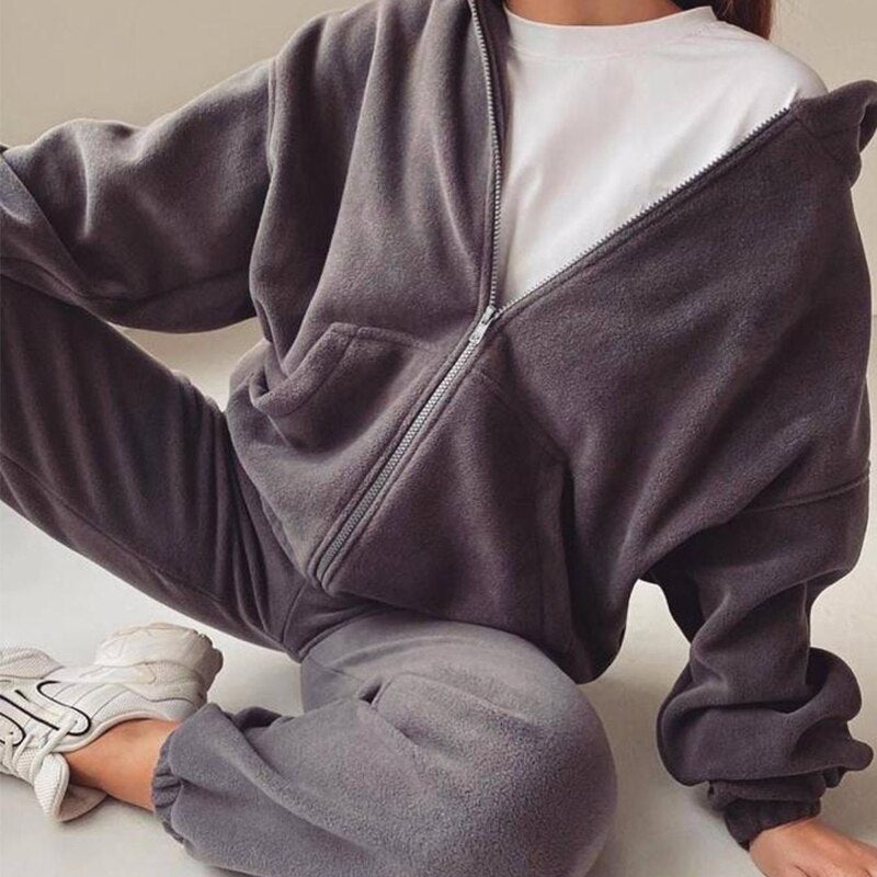 Autumn Winter Women's Brand Velvet Fabric Tracksuits Hoody Track Suit Hoodies And Pants Oversized Sportswear Two Pieces Set Gray TZ126