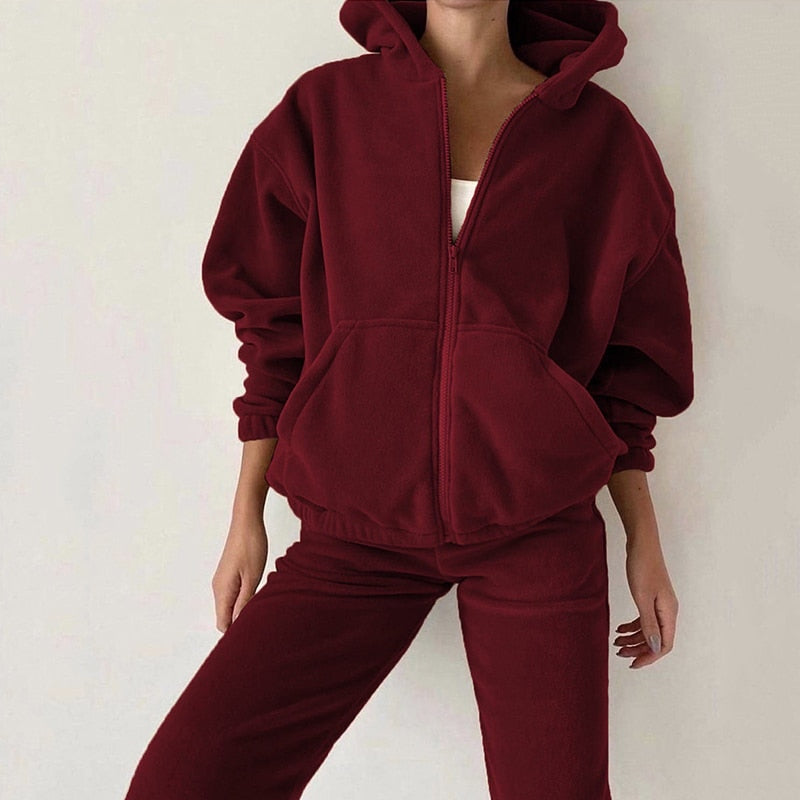 Autumn Winter Women's Brand Velvet Fabric Tracksuits Hoody Track Suit Hoodies And Pants Oversized Sportswear Two Pieces Set Claret TZ126