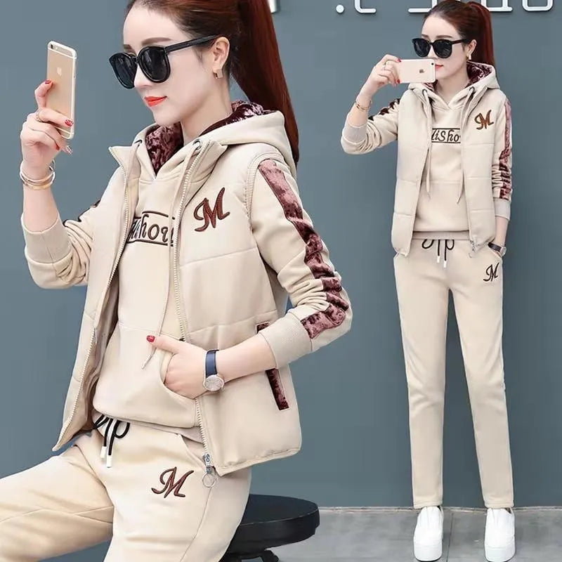 Autumn Winter Women's Casual Sweat Suit Fashion Plush Thickened Hooded Tops Waistcoat Pants 3 Three Piece Set For Women