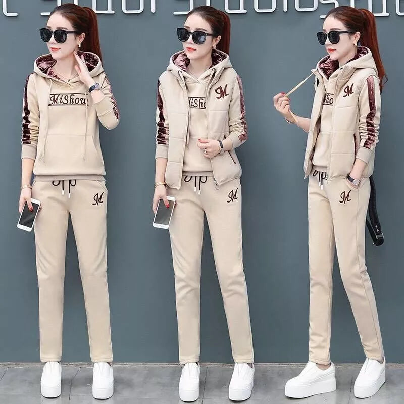 Autumn Winter Women's Casual Sweat Suit Fashion Plush Thickened Hooded Tops Waistcoat Pants 3 Three Piece Set For Women Beige