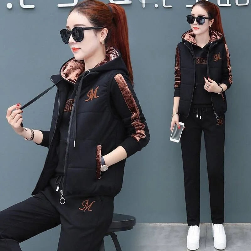 Autumn Winter Women's Casual Sweat Suit Fashion Plush Thickened Hooded Tops Waistcoat Pants 3 Three Piece Set For Women