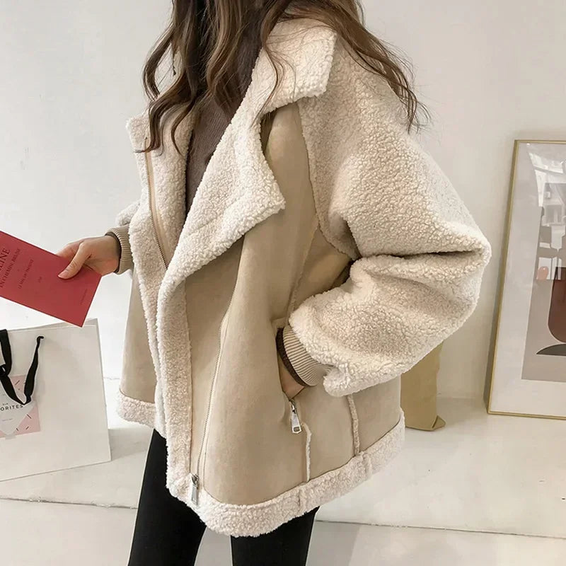 Autumn Winter Women's Coats 2023 New Casual Loose Patchwork Outerwear Korean Vintage Crop Pockets Lambhair Jacket Women apricot