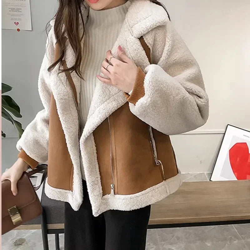 Autumn Winter Women's Coats 2023 New Casual Loose Patchwork Outerwear Korean Vintage Crop Pockets Lambhair Jacket Women Khaki