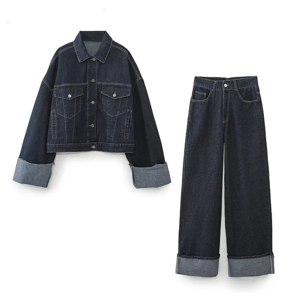 Autumn/Winter Women's New Fashion Casual Denim Jacket Coat Curled Hem Pants Set DEEP BLUE