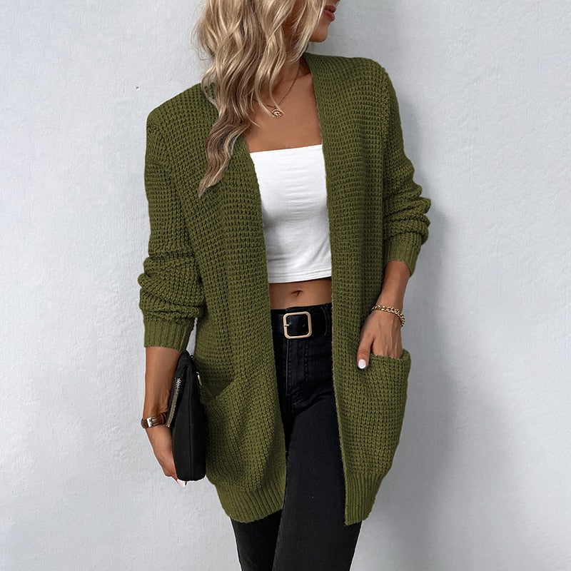 Autumn/Winter Women's Sweater New V-Neck Solid Color Loose Fit Pockets Long Cardigan Knitted Coat Traf Casual Sweaters Women Army Green