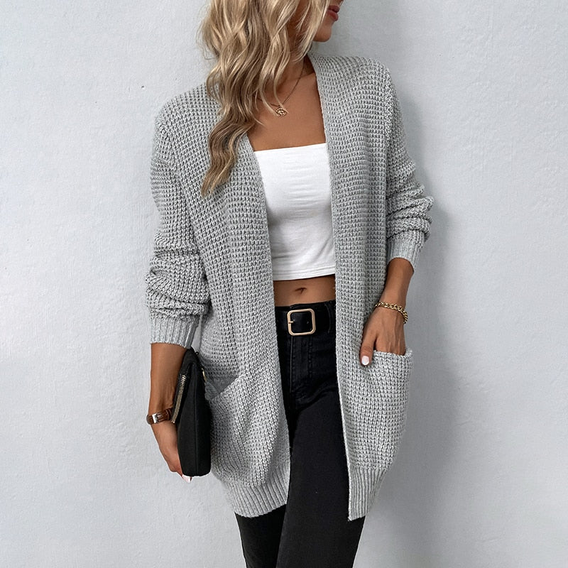 Autumn/Winter Women's Sweater New V-Neck Solid Color Loose Fit Pockets Long Cardigan Knitted Coat Traf Casual Sweaters Women Gray