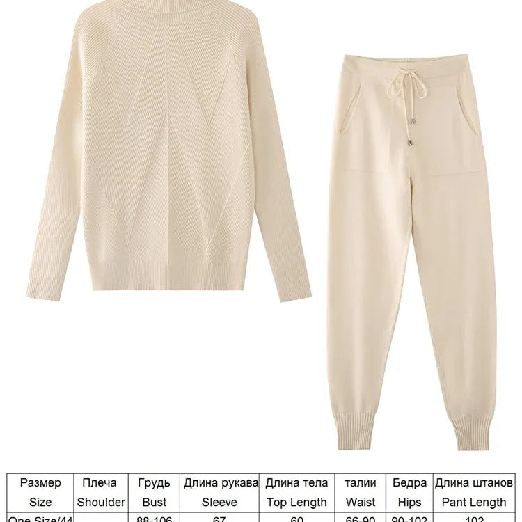 Autumn Winter Women's tracksuit Solid Color Striped Turtleneck Sweater and Elastic Trousers Suits Knitted Two Piece Set