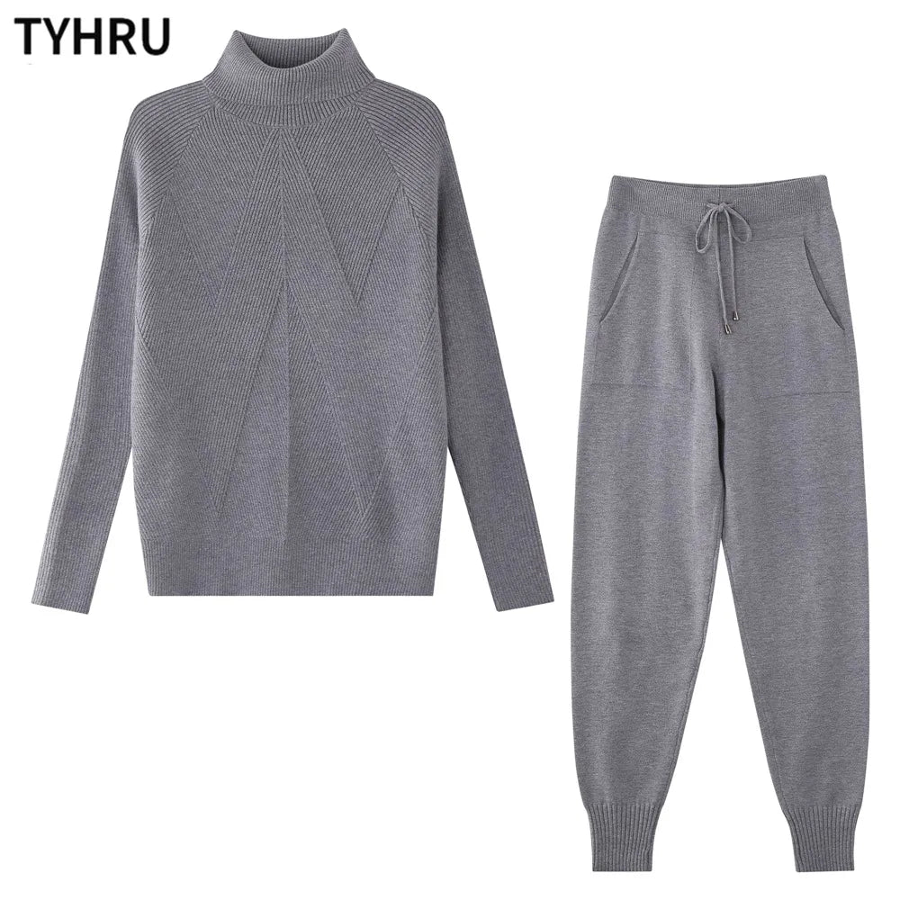 Autumn Winter Women's tracksuit Solid Color Striped Turtleneck Sweater and Elastic Trousers Suits Knitted Two Piece Set Gray One Size