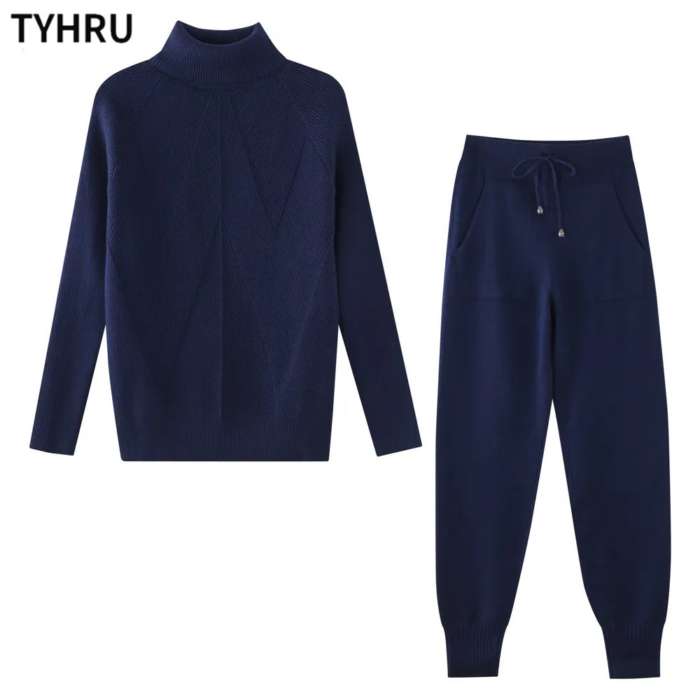 Autumn Winter Women's tracksuit Solid Color Striped Turtleneck Sweater and Elastic Trousers Suits Knitted Two Piece Set Navy Blue One Size