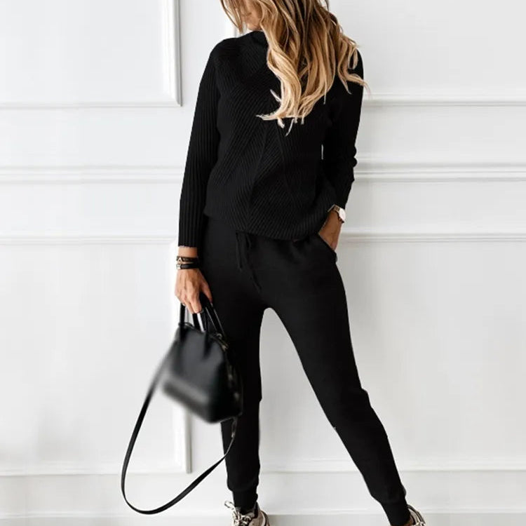 Autumn Winter Women's tracksuit Solid Color Striped Turtleneck Sweater and Elastic Trousers Suits Knitted Two Piece Set
