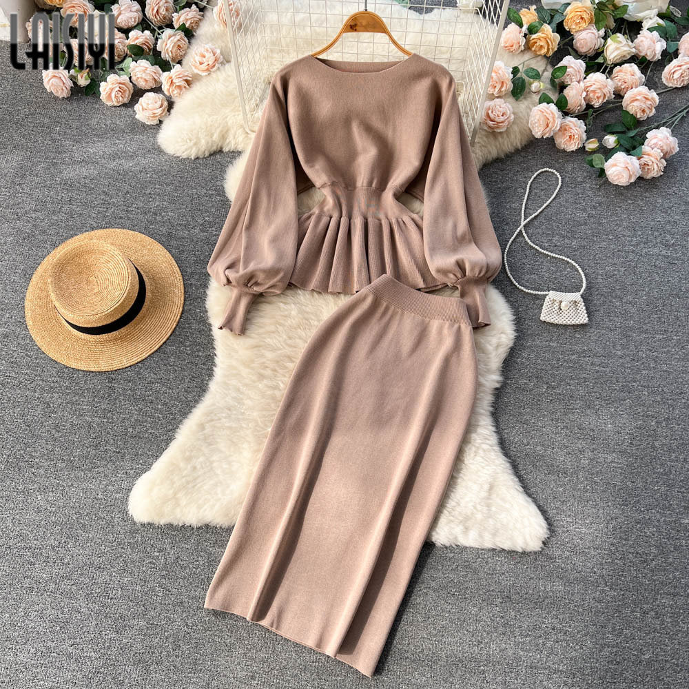 Autumn Women Set Knitting Costume Turtleneck Solid Color Pullover Sweater Slim Skirt Two Piece Suits Chic Casual Outfits