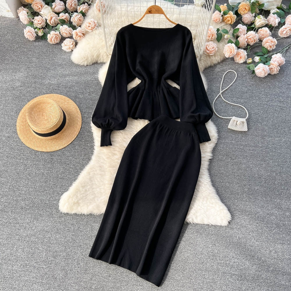 Autumn Women Set Knitting Costume Turtleneck Solid Color Pullover Sweater Slim Skirt Two Piece Suits Chic Casual Outfits Black One Size