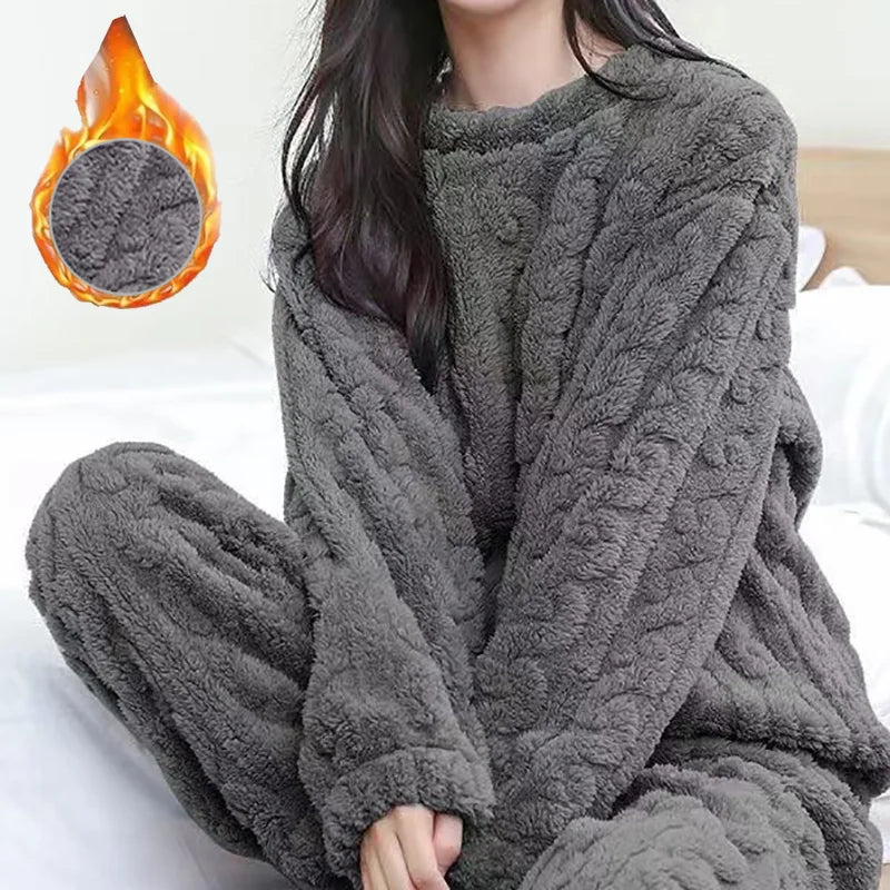 Autumn Women Solid Warm 2 Piece Sets Thicken Velvet Ribbed Fleece Set Pullover And Pants Women Casual Pajama Sets AMAIO