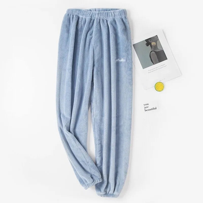 Autumn Women Solid Warm 2 Piece Sets Thicken Velvet Ribbed Fleece Set Pullover And Pants Women Casual Pajama Sets pants blue