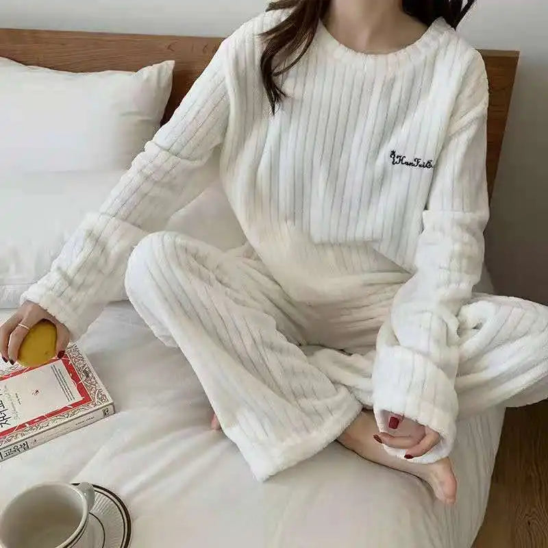 Autumn Women Solid Warm 2 Piece Sets Thicken Velvet Ribbed Fleece Set Pullover And Pants Women Casual Pajama Sets A-White