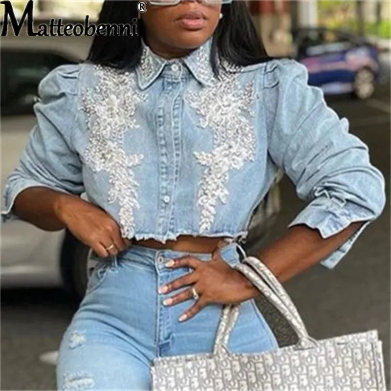 Autumn Women's Street Jean Jackets Embroidered Pearl Casual Short Denim Jacket Ladies Coat Long Sleeve Outerwear