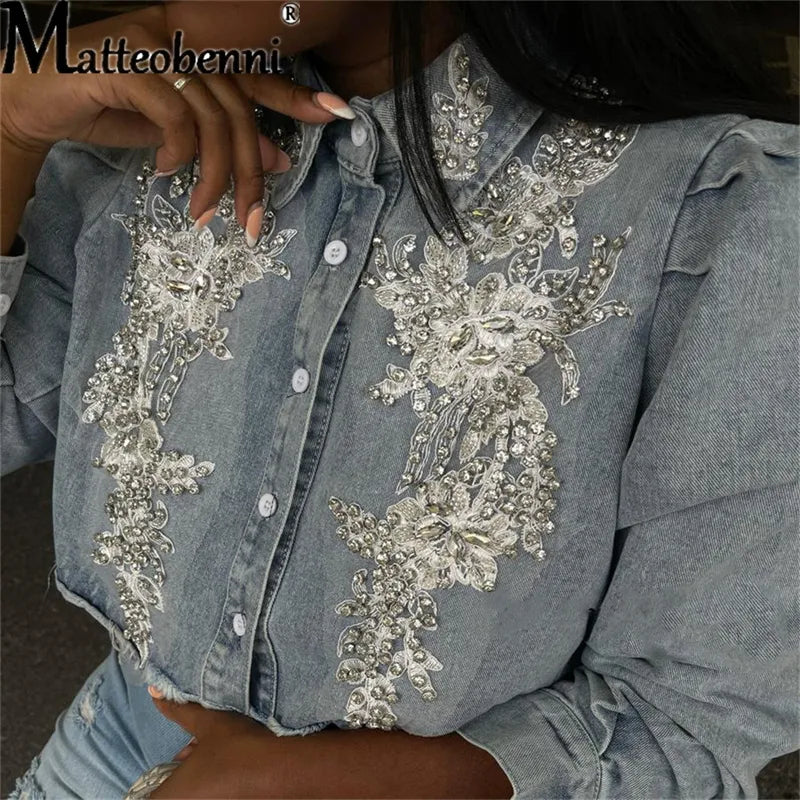 Autumn Women's Street Jean Jackets Embroidered Pearl Casual Short Denim Jacket Ladies Coat Long Sleeve Outerwear AMAIO