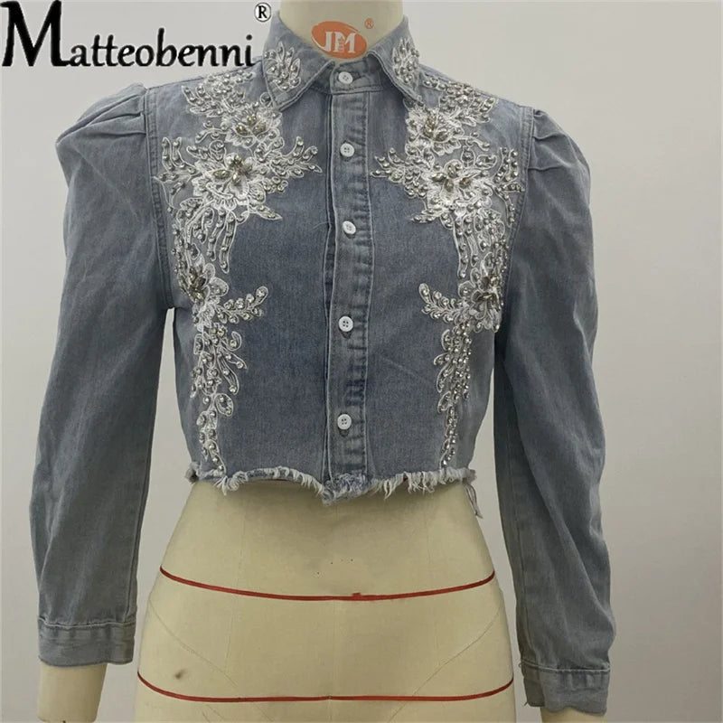 Autumn Women's Street Jean Jackets Embroidered Pearl Casual Short Denim Jacket Ladies Coat Long Sleeve Outerwear Blue