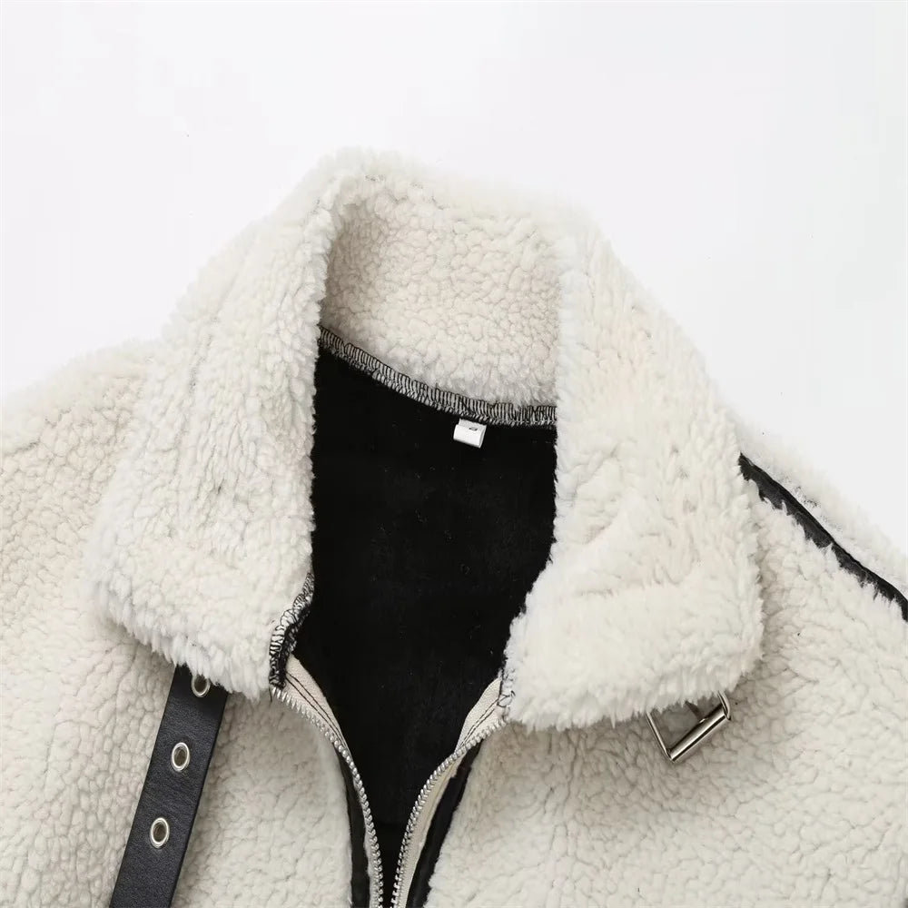 Autumn Women's Wear European and American Style Casual Fur One Piece Lamb Wool Contrast Color Plush Warm Jacket C