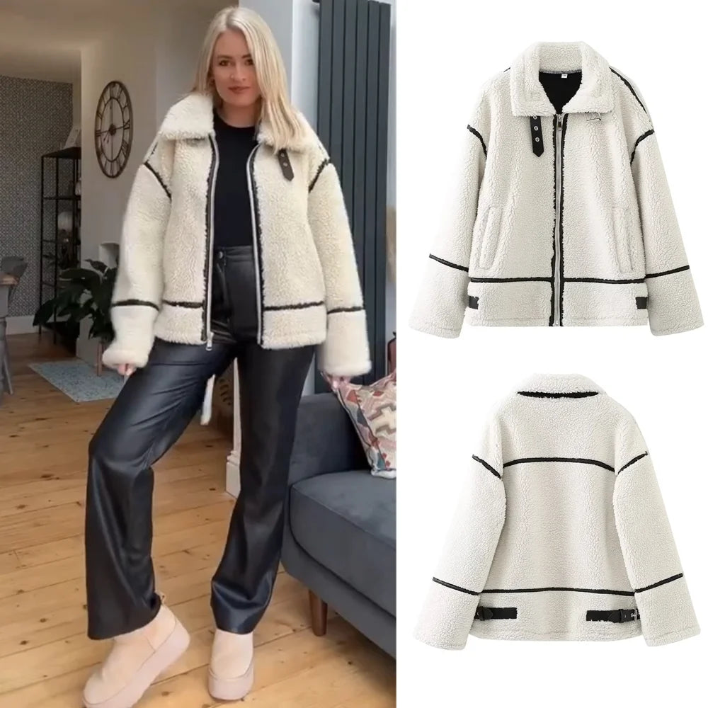 Autumn Women's Wear European and American Style Casual Fur One Piece Lamb Wool Contrast Color Plush Warm Jacket C