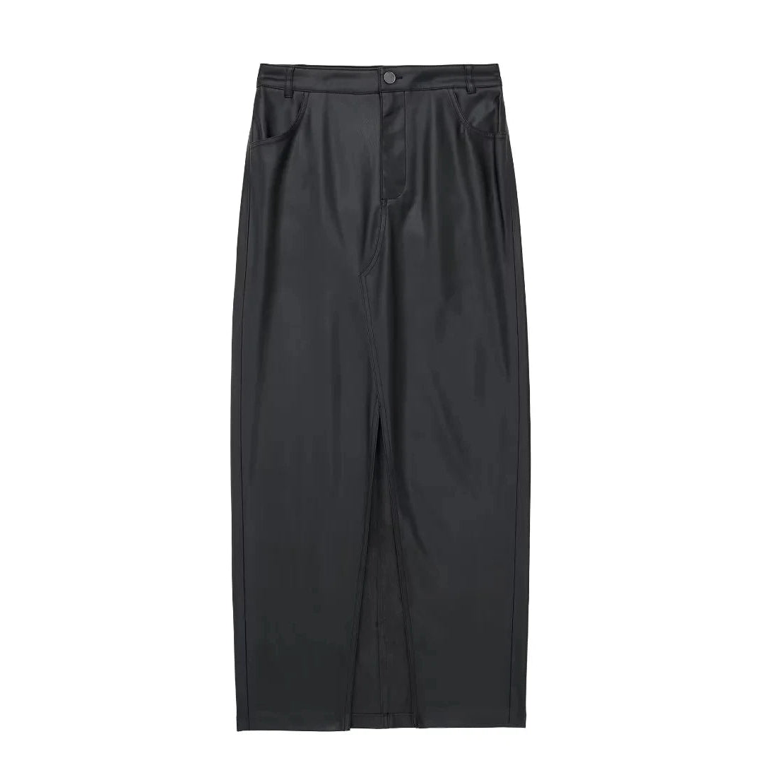 Autumn Women's Zipper Fly Lady Skirts Mujer Side Pockets Faux Leather Midi Skirt Clothing As picture