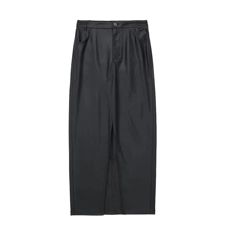 Autumn Women's Zipper Fly Lady Skirts Mujer Side Pockets Faux Leather Midi Skirt Clothing