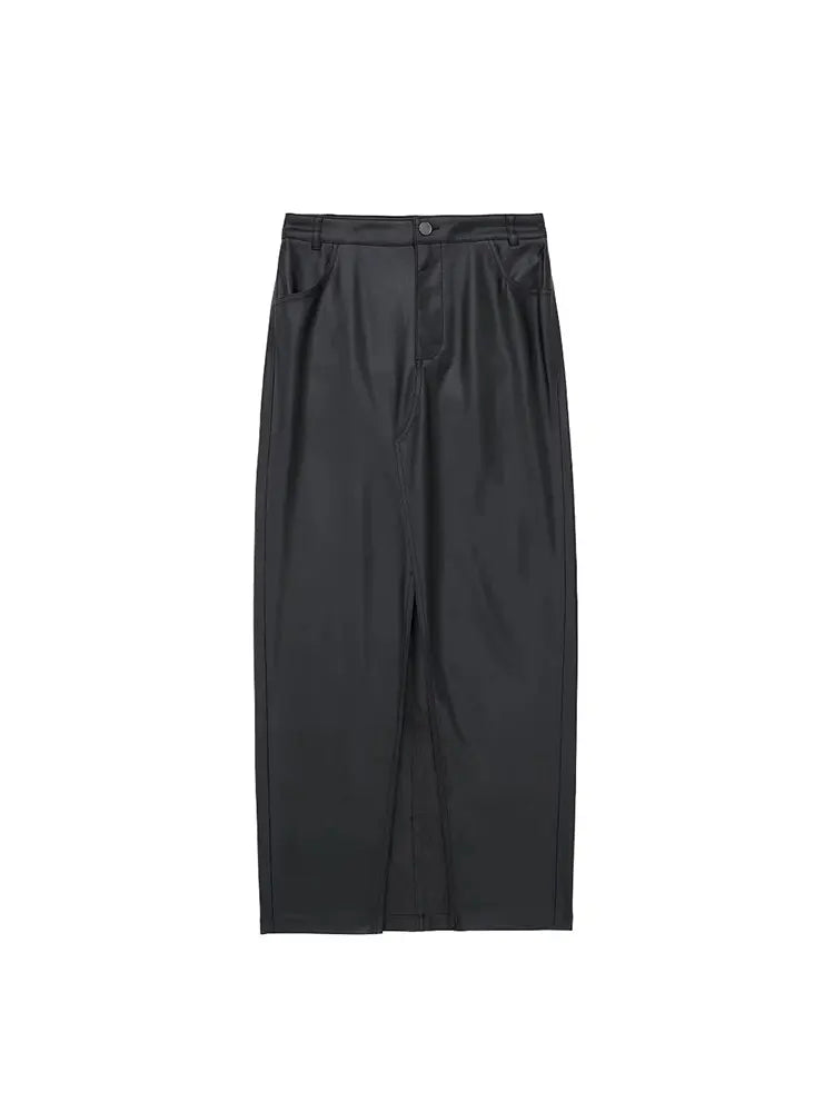 Autumn Women's Zipper Fly Lady Skirts Mujer Side Pockets Faux Leather Midi Skirt Clothing
