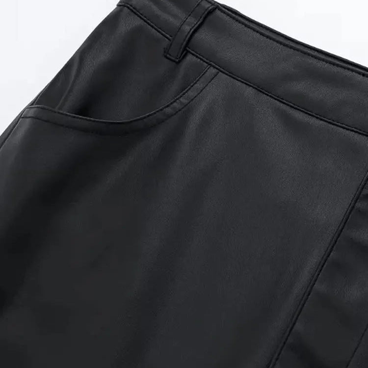 Autumn Women's Zipper Fly Lady Skirts Mujer Side Pockets Faux Leather Midi Skirt Clothing