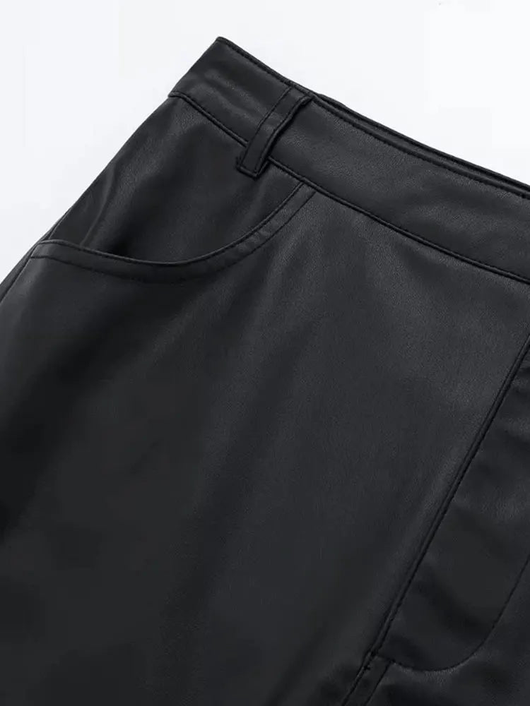 Autumn Women's Zipper Fly Lady Skirts Mujer Side Pockets Faux Leather Midi Skirt Clothing