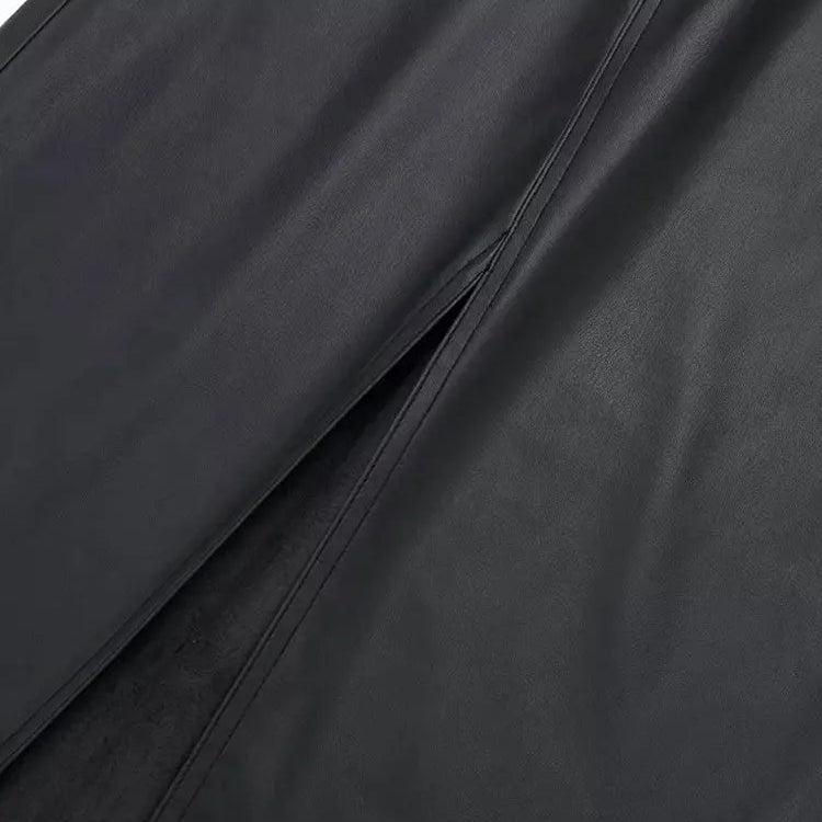 Autumn Women's Zipper Fly Lady Skirts Mujer Side Pockets Faux Leather Midi Skirt Clothing